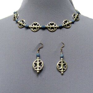 Vintage Pewter-tone Artisan Necklace Earrings Celtic Inspired Silver Blue Beaded